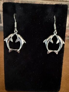 Sterling Silver Kissing Dolphins Dangle Earrings